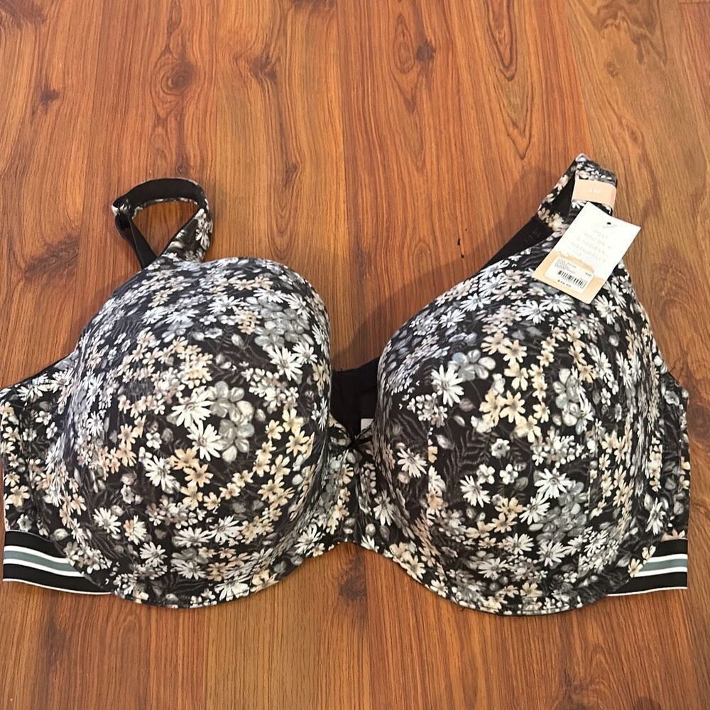 NWT cacique black and gray floral bra lightly lined full coverage cotton collect